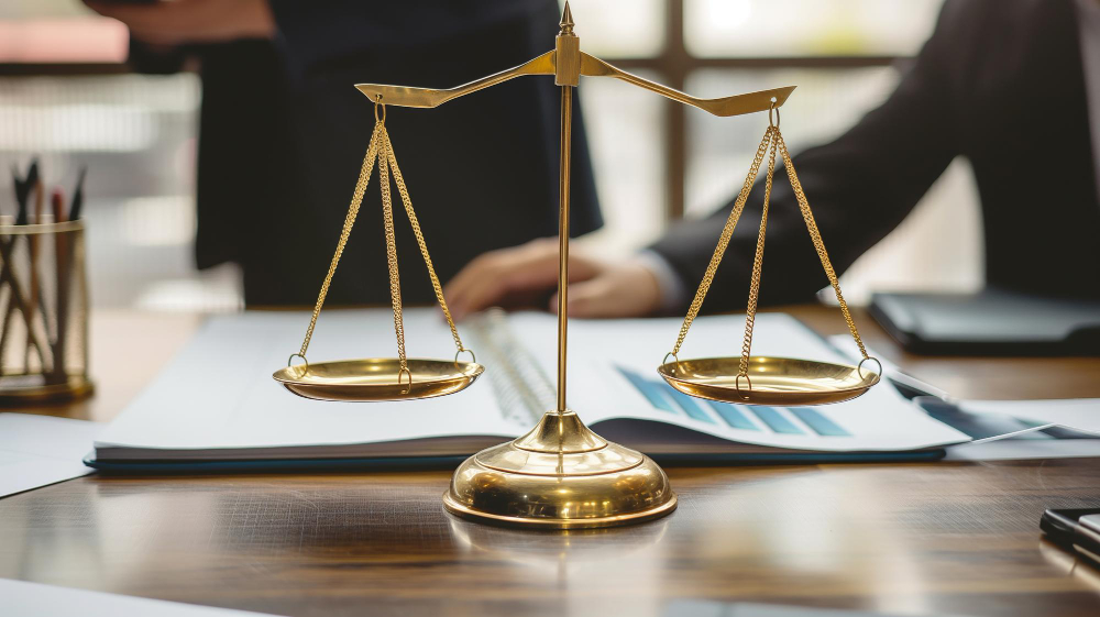 Libros de derecho y balanza de la justicia en un despacho jurídico